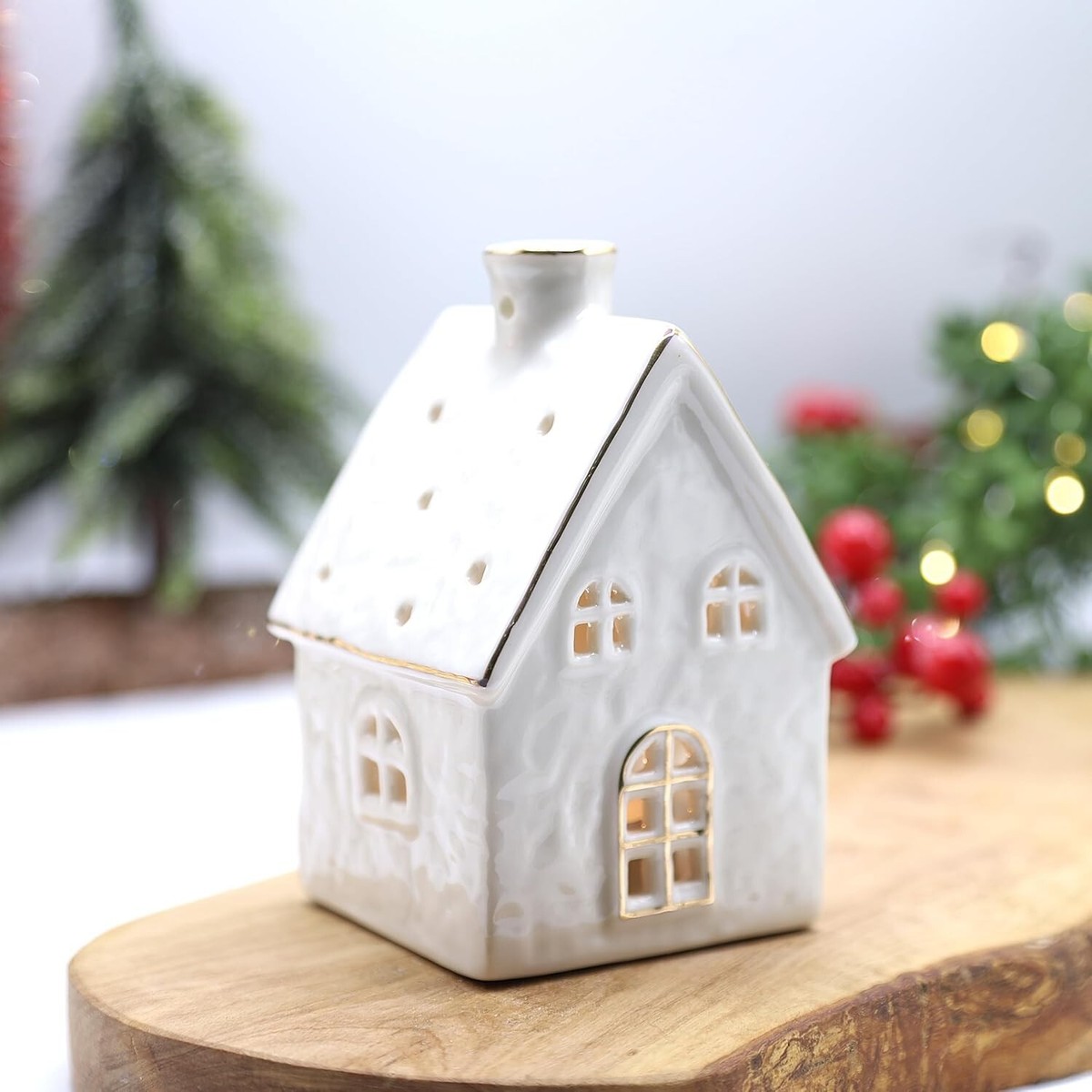 White ceramic Christmas tealight house
